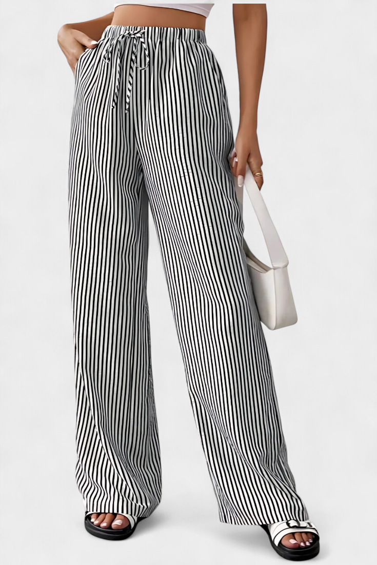 Orivé™ Nuria Pantalones Rectos Ligeros con Cintura Ajustable a Rayas
