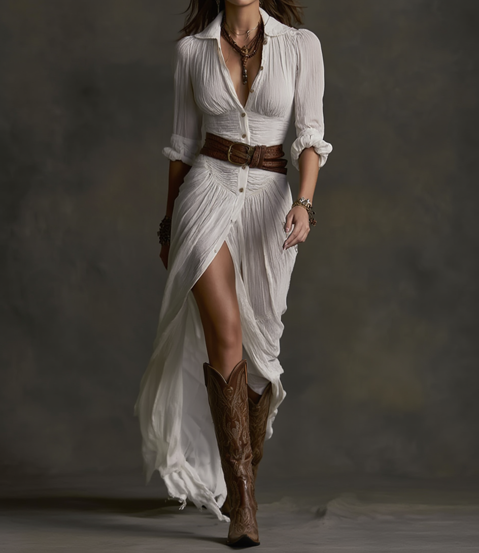 Orivé™ Vestido Largo de Lino con Cuello Invertido