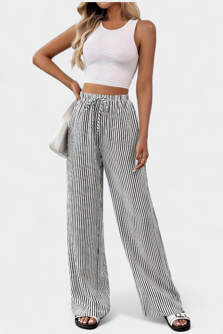 Orivé™ Nuria Pantalones Rectos Ligeros con Cintura Ajustable a Rayas