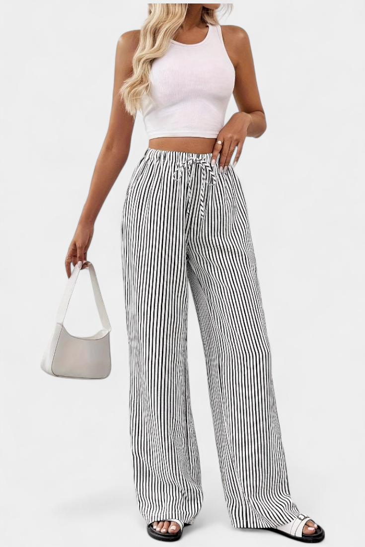 Orivé™ Nuria Pantalones Rectos Ligeros con Cintura Ajustable a Rayas